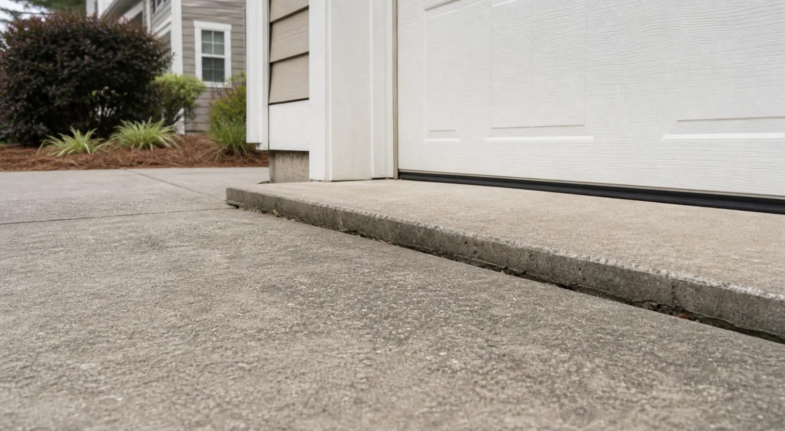 Illustrative settled driveway edge near a garage transition
